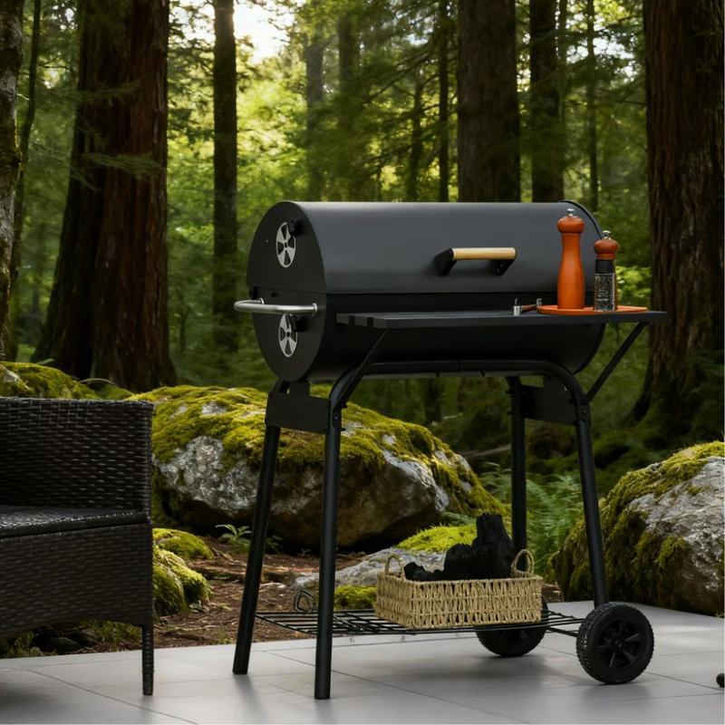 Barbecue portatif de 30 po avec roulettes, surface de cuisson de 23,25 po x 12,75 po, régulation de la température à 4 niveaux, poignée en bois Scald Lid, bouches d'aération réglables, barbecue au charbon à l'avant et au bas