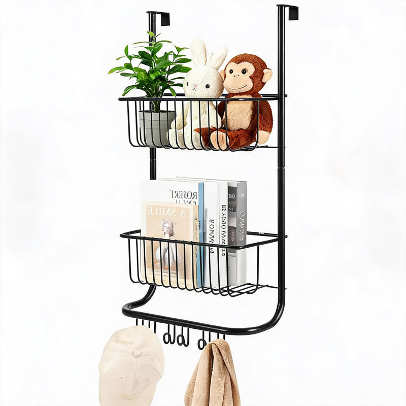 Organisateur de rangement de douche à suspendre au-dessus de la porte avec rangement à 2 niveaux avec 6 crochets - Tablette réglable pour la salle de bain, la chambre à coucher, le garde-manger et le placard - 11,8 po x 5,1 po x 24,2 po - Noir