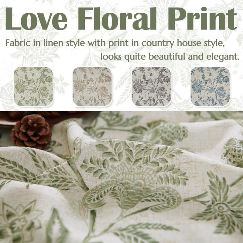 Linen Floral Kitchen Curtains Rod Pocket Tier Curtains, 26" W x 24" L, Green