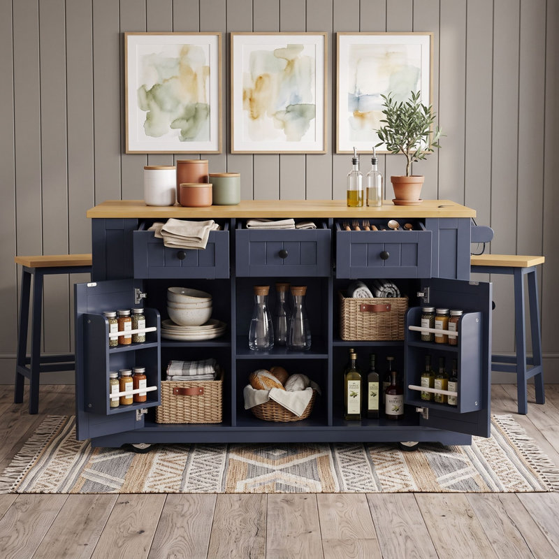 Ensemble d'îlot de cuisine 3 pièces avec 2 tabourets de bar, abattant, station de charge, tablettes et roues réglables