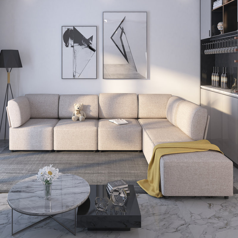 Canapé modulaire en lin avec rangement modulaire, beige, Beige