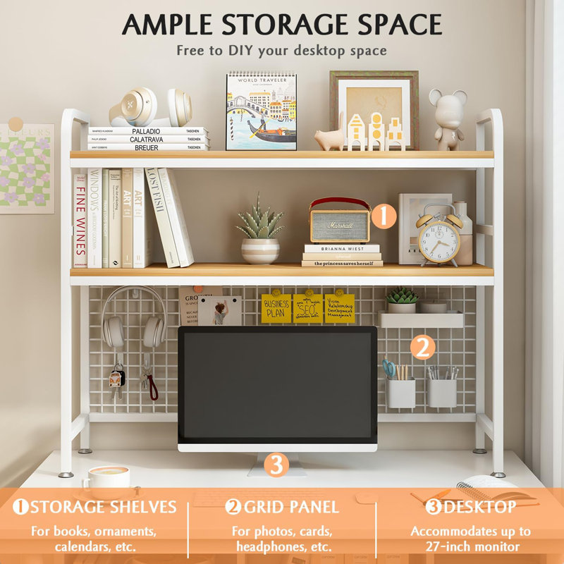 2-Tier Desktop Hutch Bookshelf - Metal Desk Shelf Bookcase With Grid Panel, Countertop Storage Organizer Rack For Dorm Or Office, White, 37.4" W