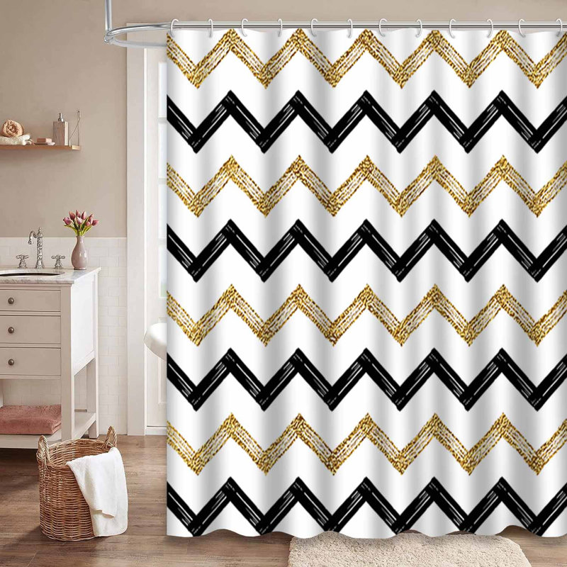 Rideau de douche noir à chevrons et zigzag noir avec 12 crochets, L 72 po x l 72 po