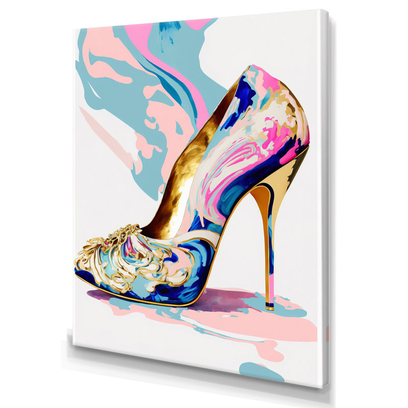 «Pink and Blue Deco High Heel Shoes II», impression sur toile, H 40 po x l 30 po x P 1,5 po, Toile tendue