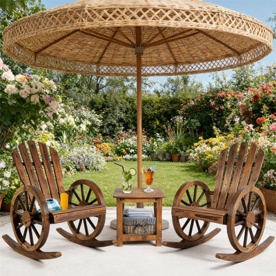 3 PCs Patio Rocking Chair Set, Outdoor Wooden Rocker Bistro Set with Coffee Table Wagon Wheel Rustic Chairs for Garden Country Yard