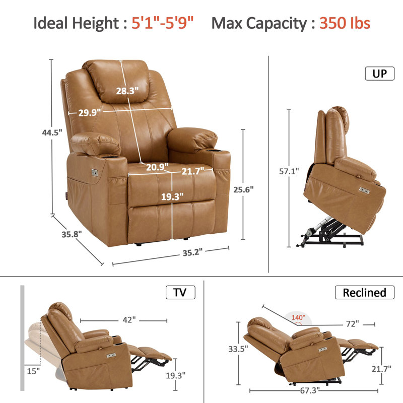 Medium Power Recliner Lift Chair With Massage And Heat, Faux Leather, Tawny