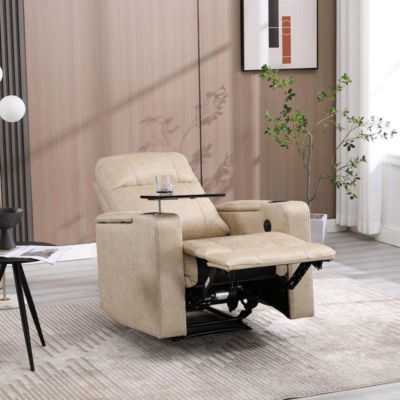 33.1" Wide Modern Electric Power Breathable Vegan Leather Reclining Home Theater Seat with Arm Table (Set of 8), Beige