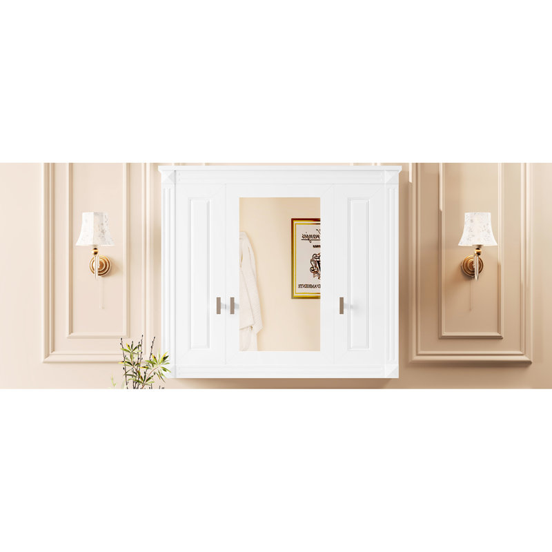 Armoire de toilette blanche à miroir avec 4 tablettes réglables, fixation murale