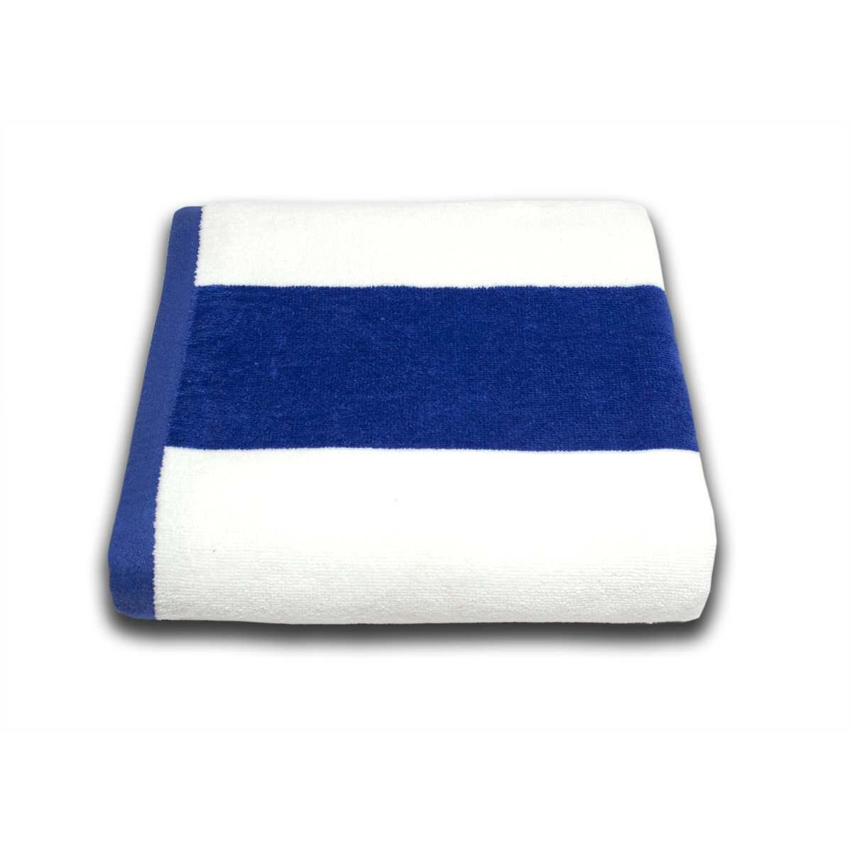 A folded blue and white striped beach towel