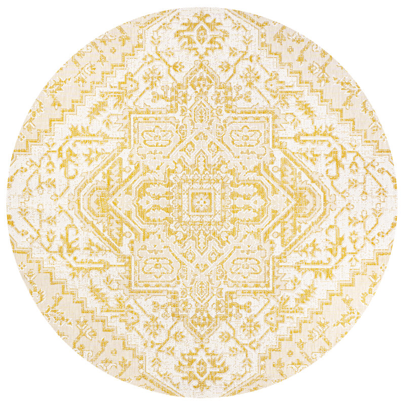 Tapis intérieur / extérieur crème / jaune Truman Bohemian Medallion, Rond 5 pi 3 po