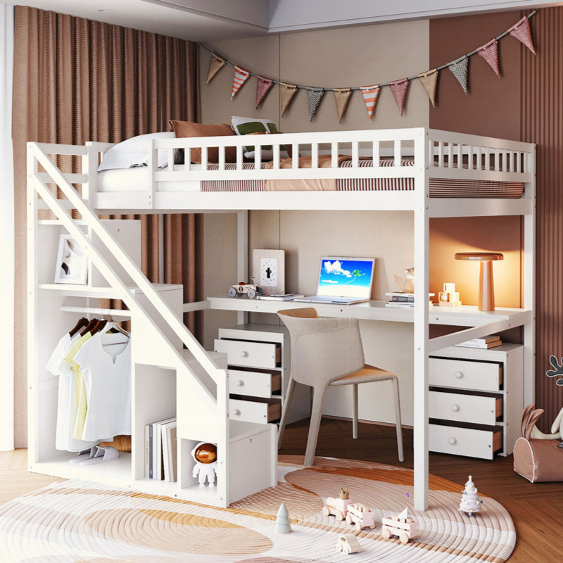 Lit mezzanine avec bureau, deux commodes et bande lumineuse intégrée, lit mezzanine peu encombrant avec escalier latéral