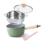 Ceramic Nonstick Sauce Pan With Lid, 2 Quart Cooking Pot, Small Saucepan With Steamer, PTFE& PFAS-Free, Wooden Handle For Cool Touch, Universal Base(Gas, Electric & Induction), Green