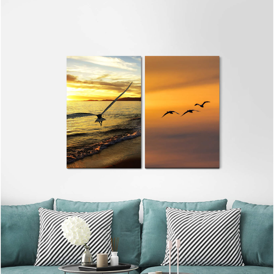 2-tlg. Leinwandbilder-Set - Grafikdruck „Eagle Flying Birds Sea Sky Freedom Sunset Horizon”