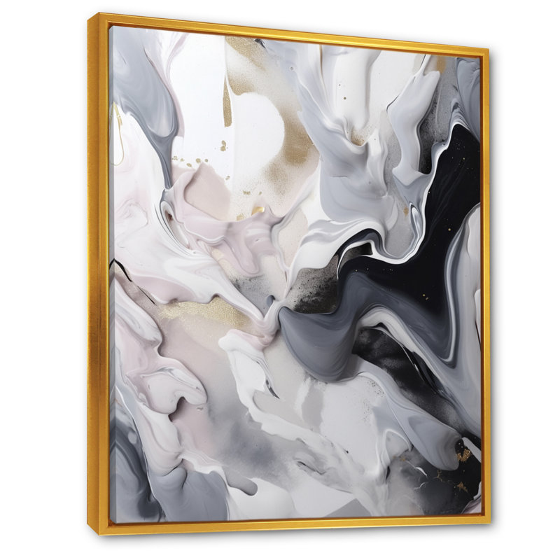 Marbre blanc et gris captivant II - art mural abstrait en marbre, H 20 po x l 12 po x P 1 po, Cadre flottant doré