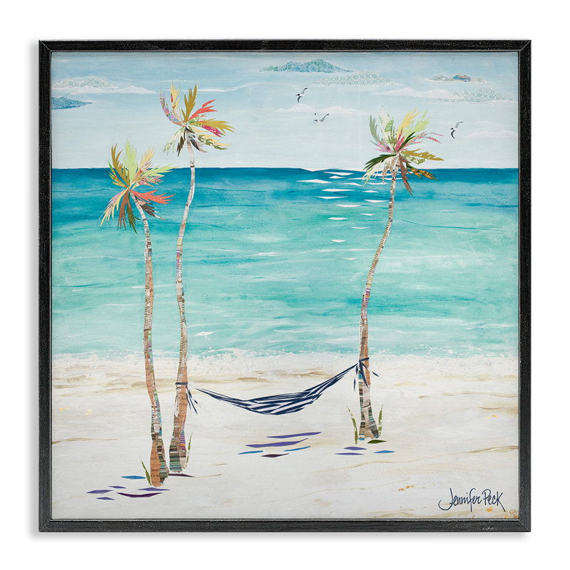 Illustration de giclée encadrée hamac et trois palmiers par Jennifer Peck, H 12 po x l 12 po, Giclée encadrée noir minuit