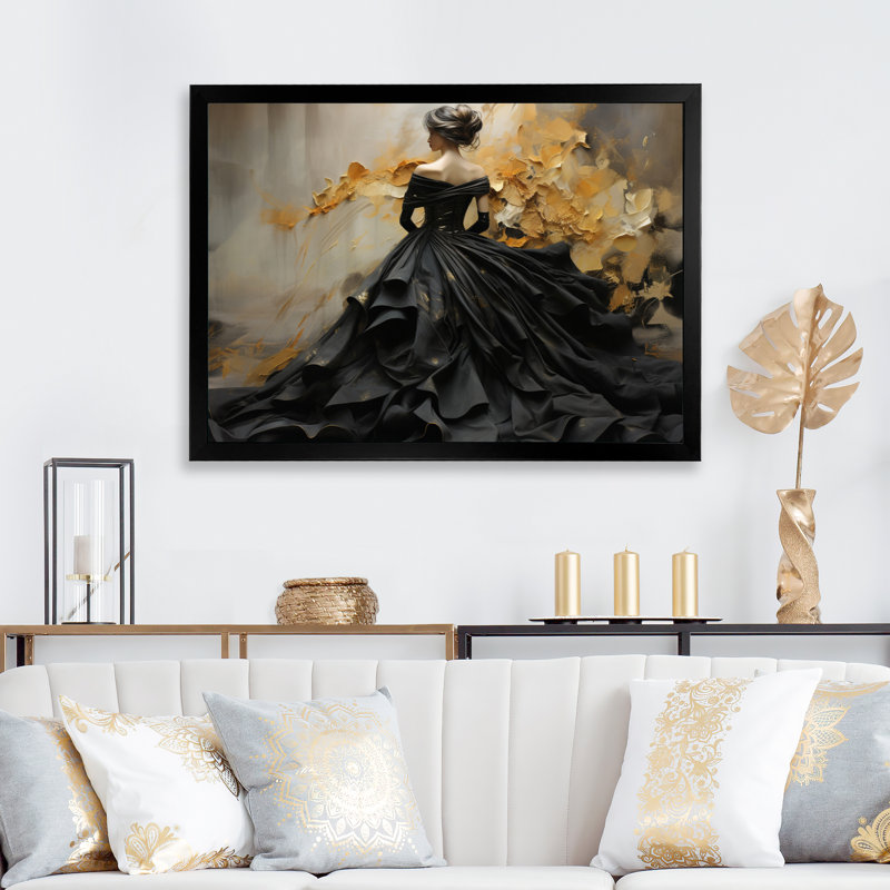 «Fashion Elegance Unveile Gold» - Art mural mode, H 24 po x l 32 po, Cadre photo unique, Noir