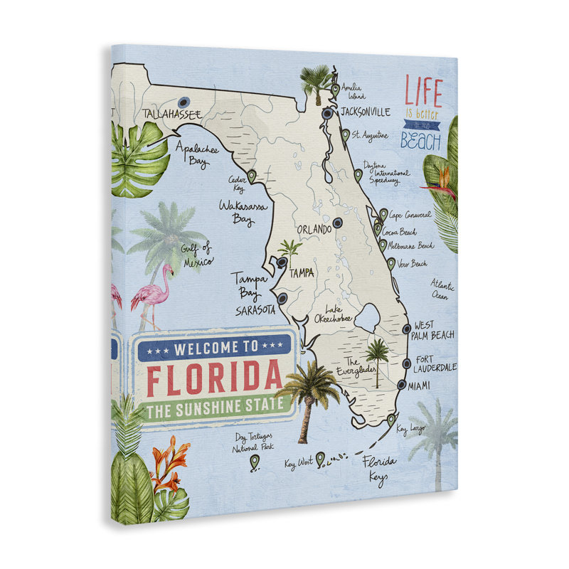 «Florida Map Beach Life», art mural sur toile, design par Kim Allen, H 20 po x l 16 po