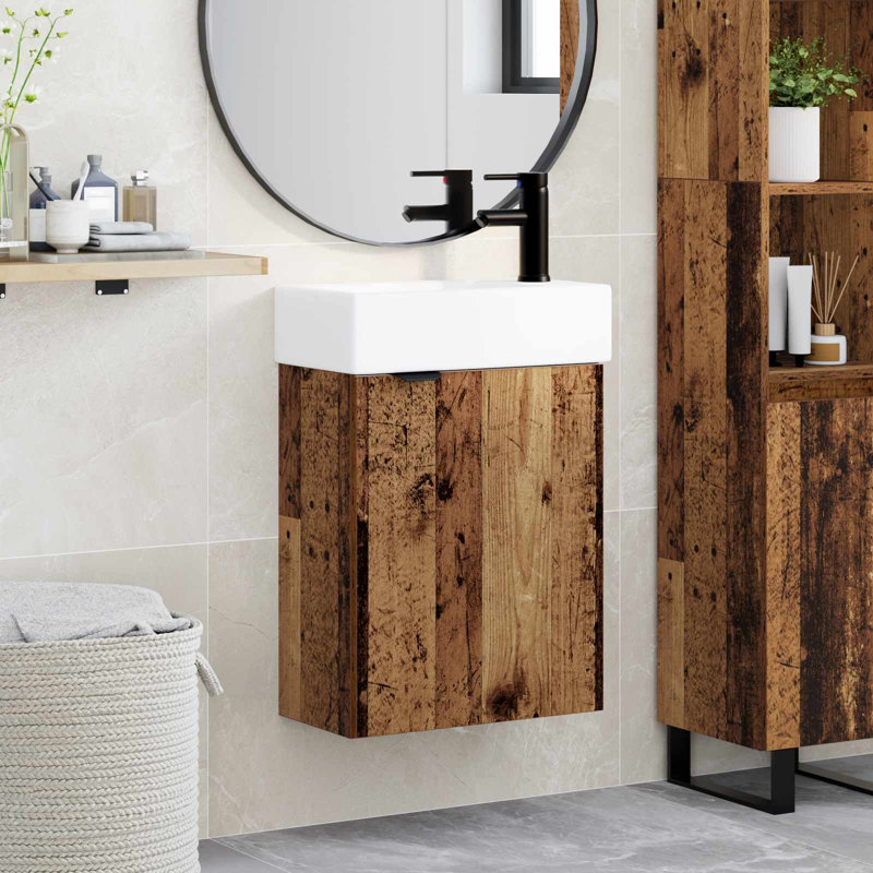 Single Bathroom Vanity with Ceramic Basin, Old Wood