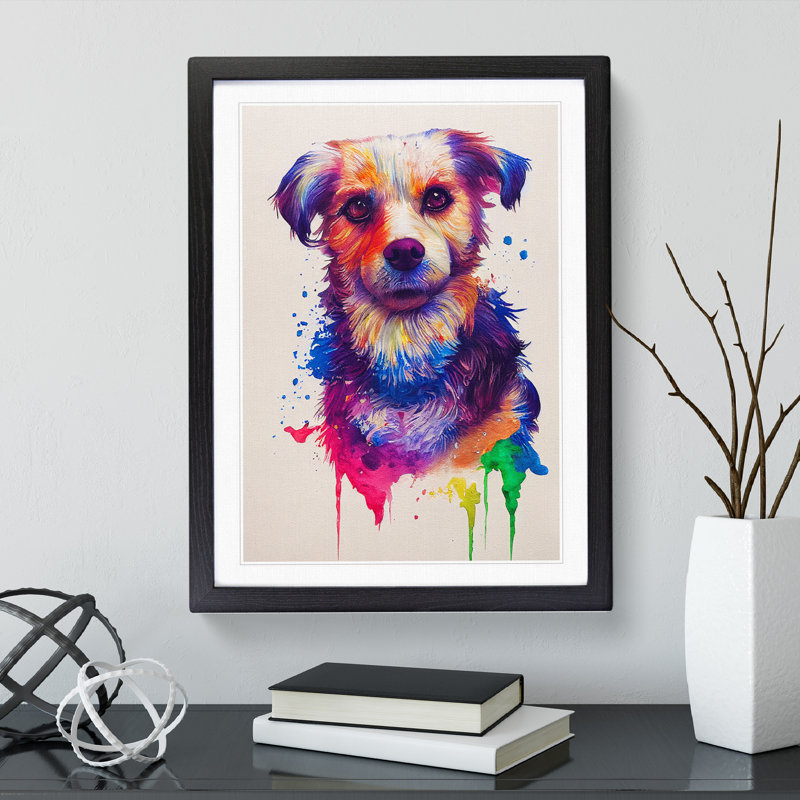 Colourful Dog Painted - Painting, 36cm H x 27cm W x 2cm D, Black Framed, White