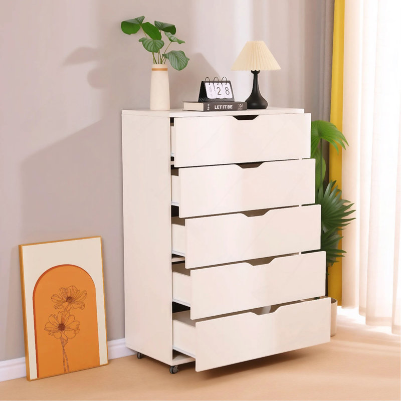 Commode 5 tiroirs avec roulettes - Armoire de rangement moderne, Blanc