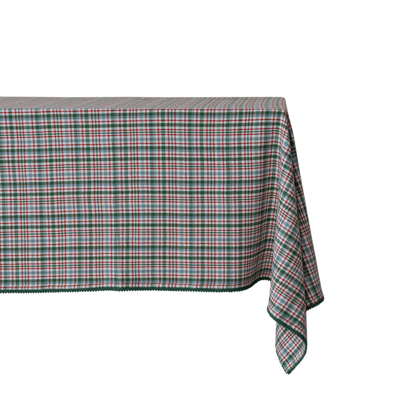 Plaid Cotton Tablecloth with Pom Pom Trim