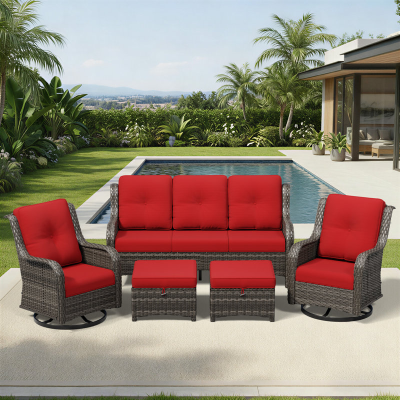 Wicker 5 - Person Patio Conversation Set with Cushions, Red