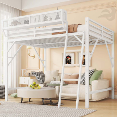 Lit mezzanine double avec échelle, lit mezzanine double en métal avec tablettes de rangement, lit mezzanine pour enfants, blanc