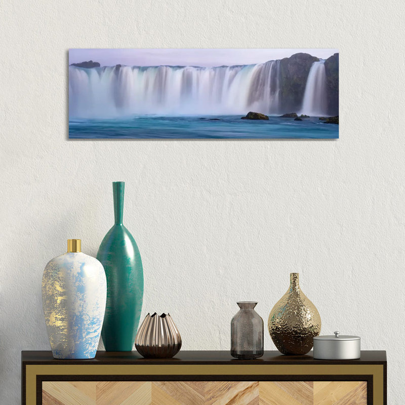 Iceland, Godafoss Waterfall. The Waterfall Stretches Over 30 Meters With Multiple Small Waterfalls At The Edges. by Ellen Goff - Wrapped Canvas Panoramic Print
