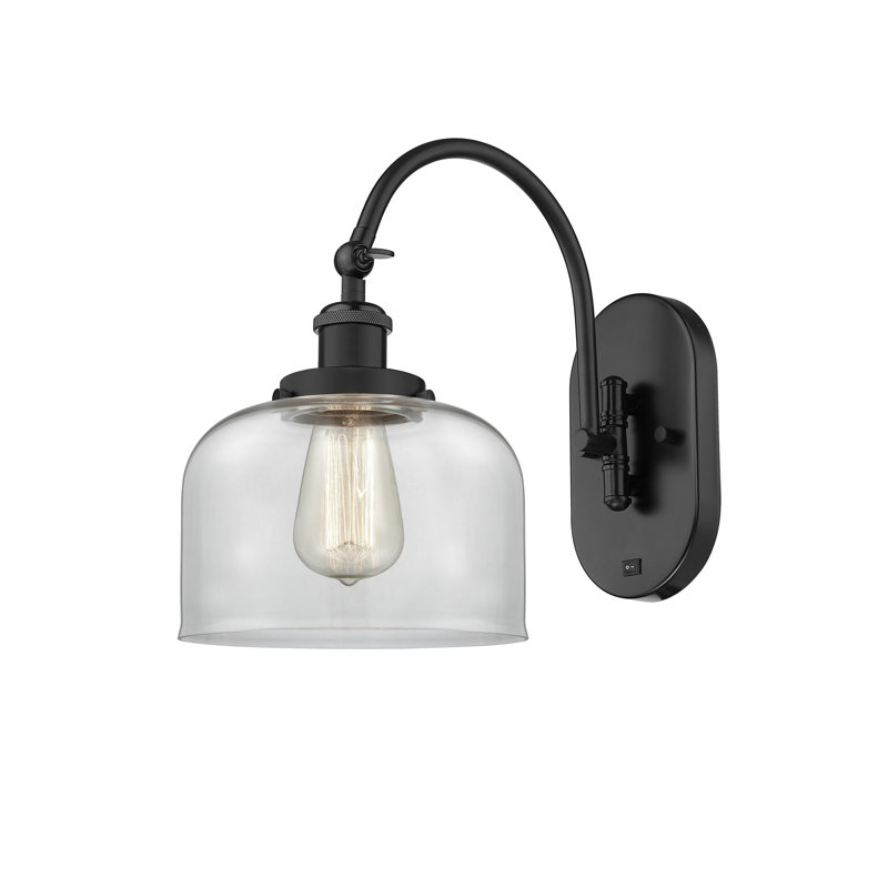 Applique murale articulée en métal 1 lumière avec abat-jour cloche en verre Shauna, DEL, Transparent, Noir mat