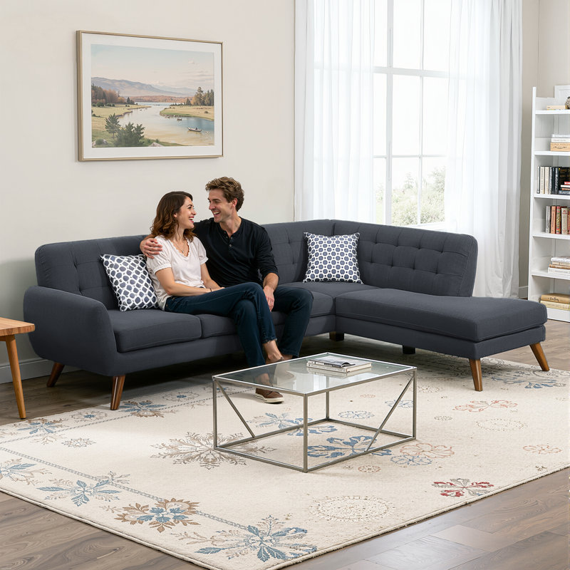 Canapé modulaire en L 2 pièces avec méridienne et tissu capitonné, Noir cendré