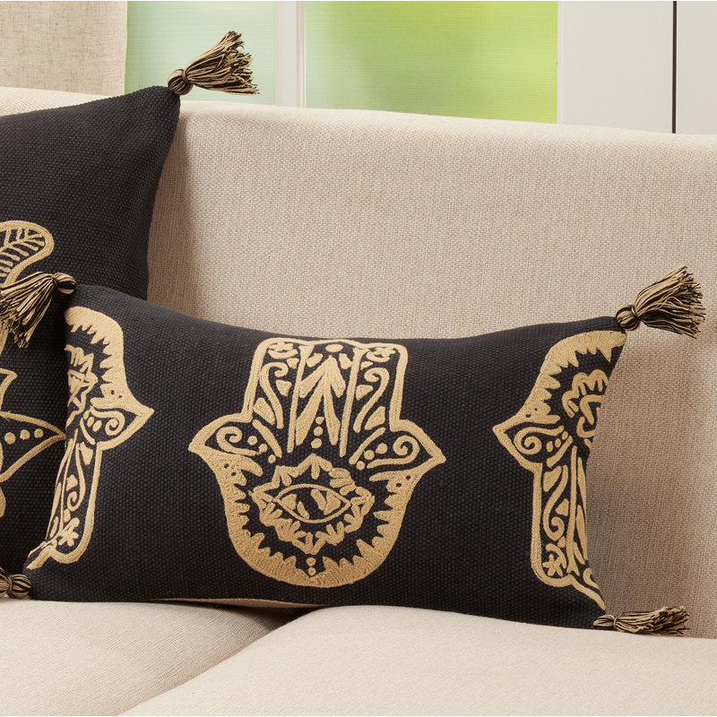 Black Cotton Hamsa Hand Embroidered Lumbar Pillow Cover