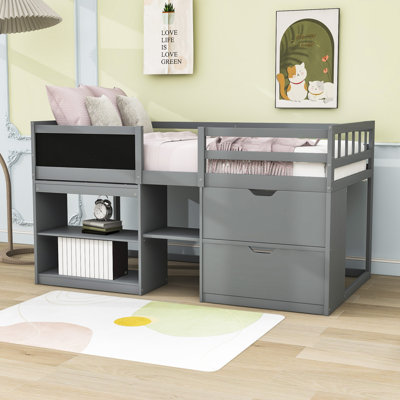 Hassain Kids Twin Wood 2 Drawers Low Loft Bed with Rolling Desk and Shelves -  Harriet Bee, BB1E9D271E0E4282AF7BD51D241A5537