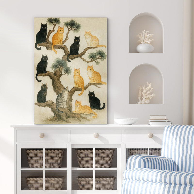 Douze chats assis sur un pin - reproduction d'art sur toile encadrée, H 18 po x l 12 po x P 1,5 po, Toile tendue