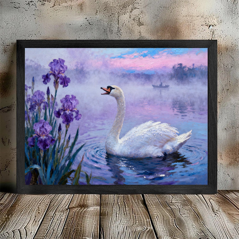 Art encadré noir, cygne et lac Misty, impression de paysage impressionniste, H 17 po x l 25 po