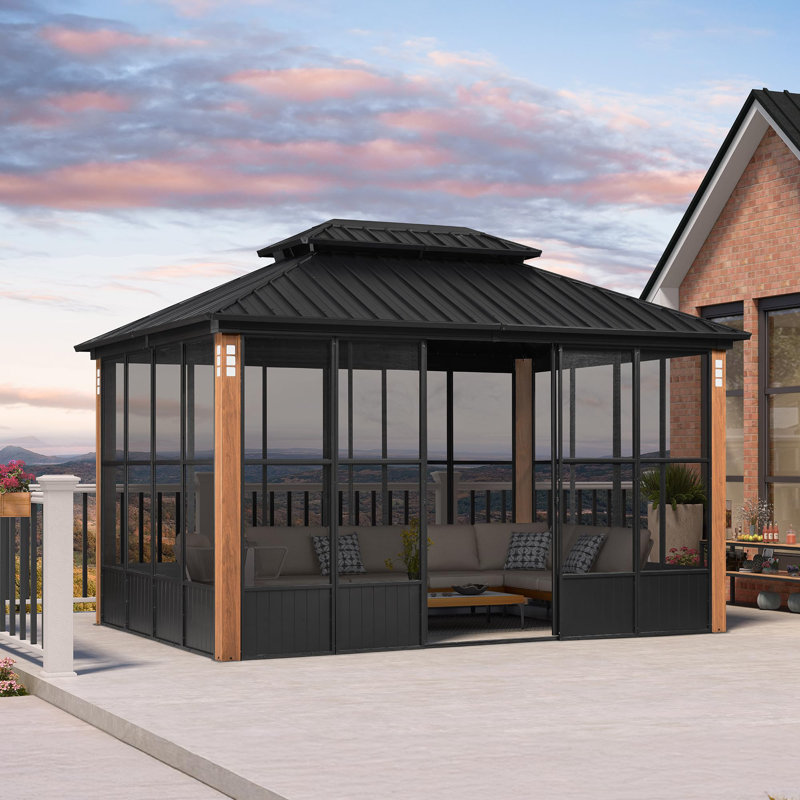 PURPLE LEAF 10' X 13' Sunroom Patio Hardtop Gazebo Double Top Galvanized Steel Screen House Aluminum Sun Room Outdoor Solarium for Garden Backyard