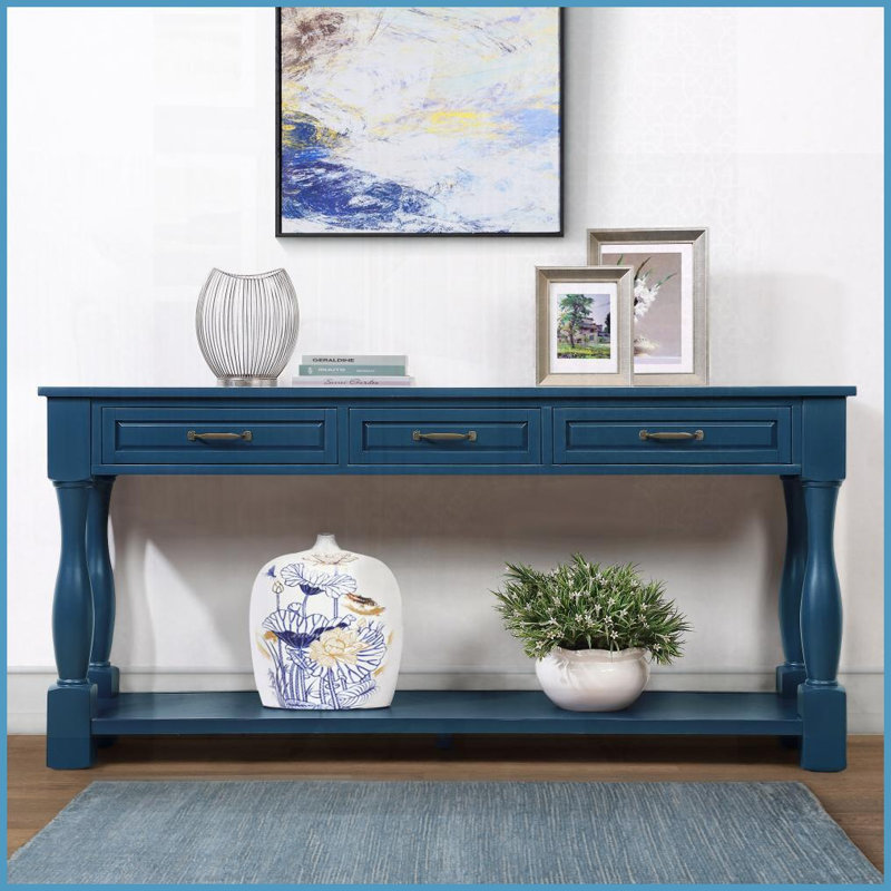 Table basse Mid-Century en bois massif avec 3 tiroirs 1 tablette, assemblage facile de 20 minutes pour le salon, Marine