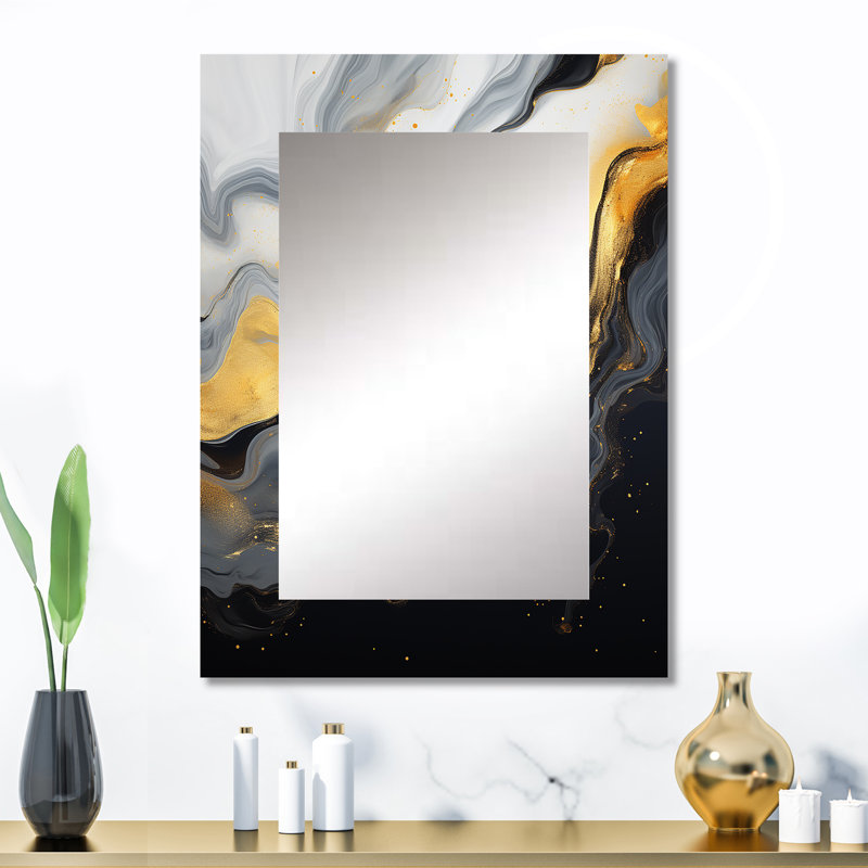 Or et marbre noir Essence V - miroir en marbre, miroir mural décoratif moderne, impression d'art en métal, 32 po x 24 po