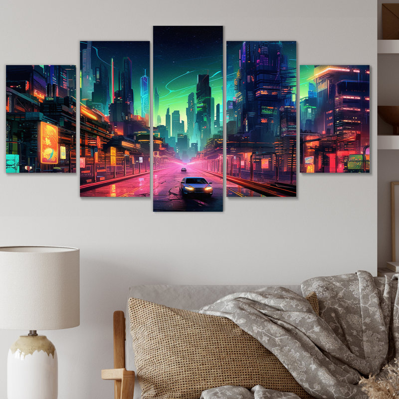 «Berlin Neon Cityscape I» sur toile, reproduction de 5 pièces