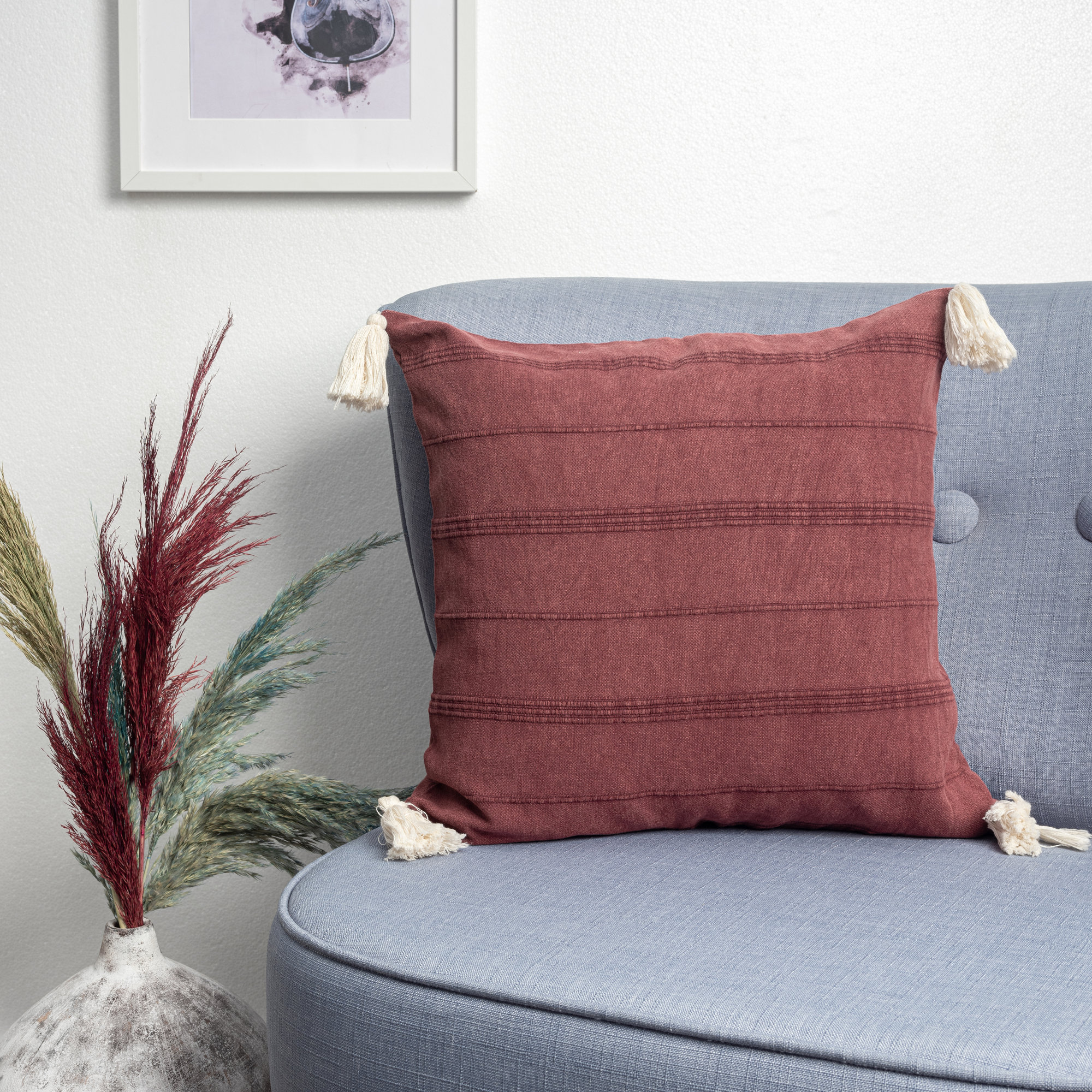 Danica Tassels Cotton Throw Pillow, Red, Down