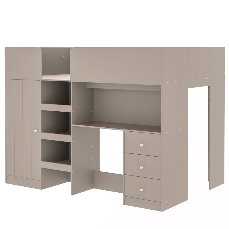 Lit mezzanine double en bois avec garde-robe intégrée, bureau, tablettes de rangement et tiroirs, Gris