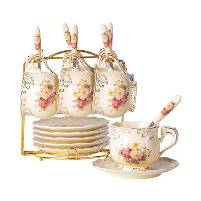 Ensemble de 6 tasses à thé et soucoupes 8 oz, 6 tasses à thé en céramique ivoire et tasses à café avec support doré