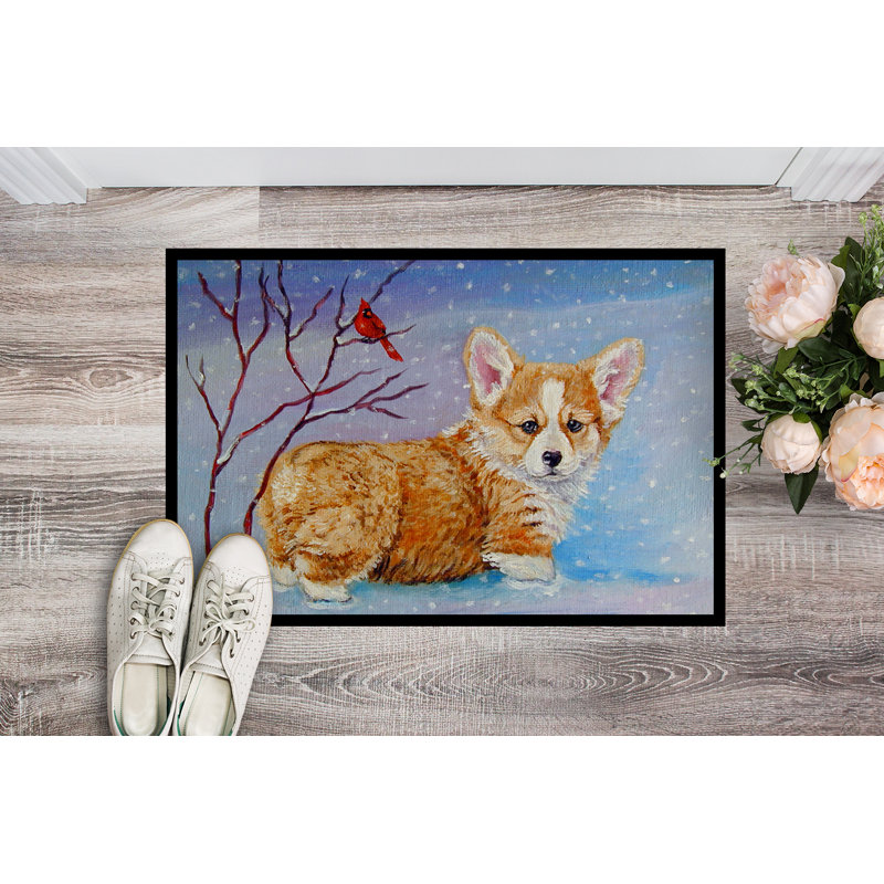 Tapis de porte pour l’extérieur anti-dérapant corgi pup snow cardinal, Rectangle 2 pi x 3 pi