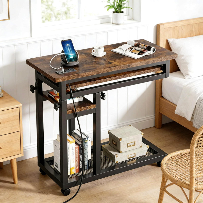 Table d'appoint avec roulettes, table mobile en C durable, bureau étroit, station de charge pratique