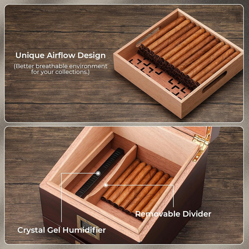 FT-2042 Cigar Humidor Box for 85 Counts, See-Through Design with Spanish Cedar Lining & Divider, Digital Hygrometer
