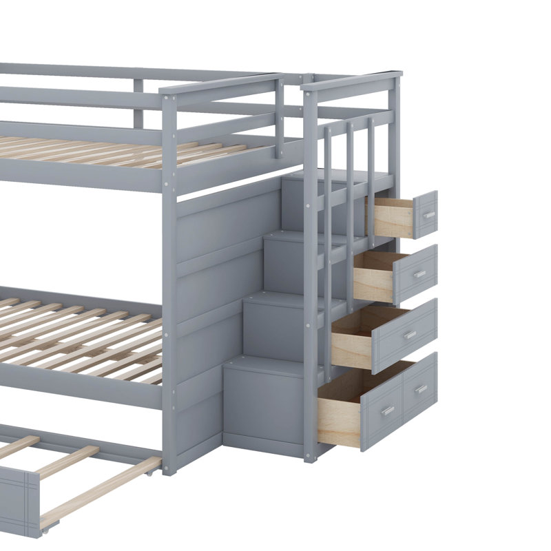 Full Over Full Bunk Bed With Trundle And Staircase, Grey