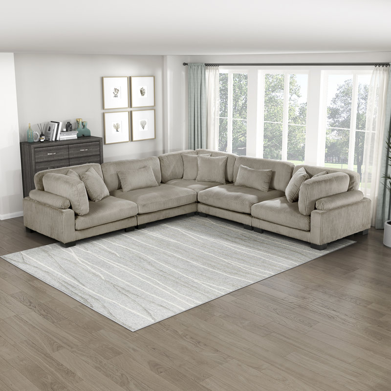 Canapé modulaire en velours côtelé 5 pièces Brinsley, Taupe velours côtelé, H 34,5 po x l 135 po x P 135 po, Symétrique