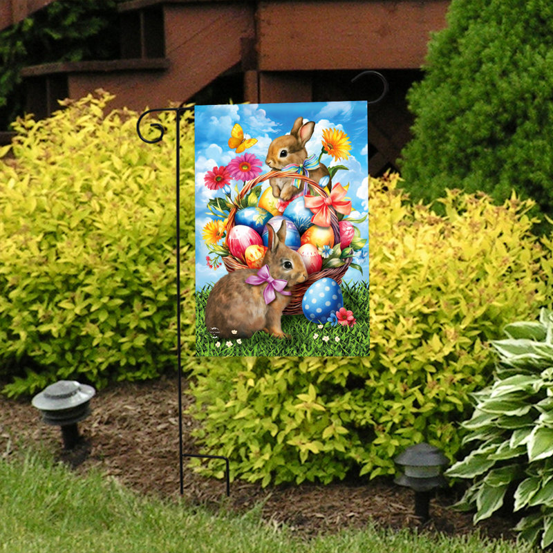 Drapeau de jardin Sprintime Bunnies, Printemps brun/bleu/vert 1