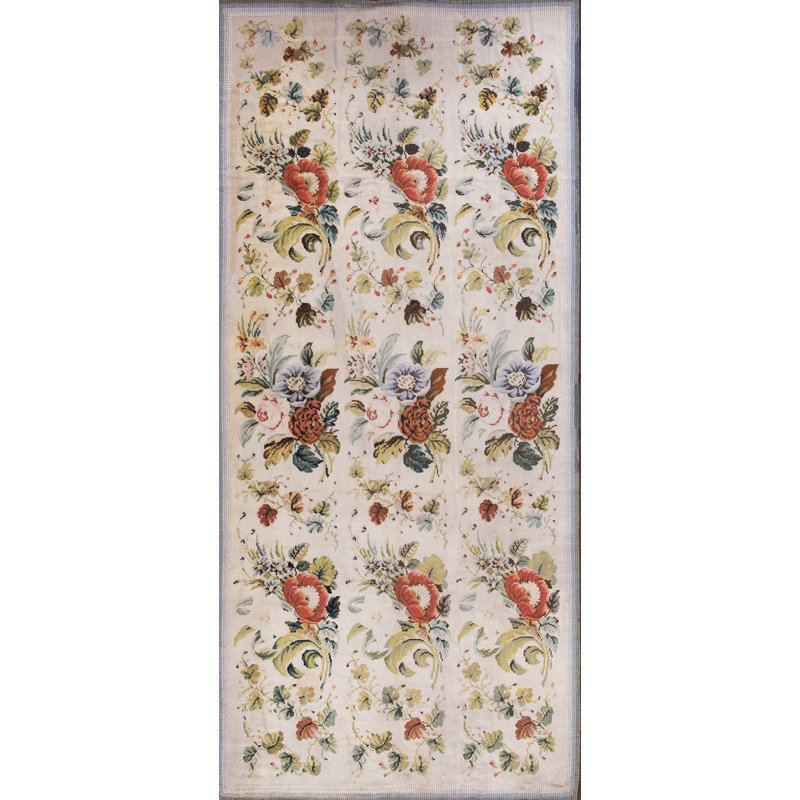 Antique Ivory European Floral Pattern English Victorian Needlepoint Carpet