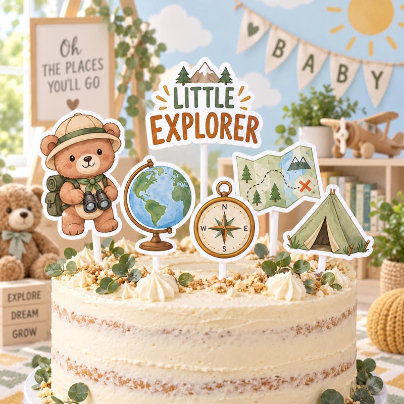 Little Explorer Cake Topper Set, 6 Unique Adventure Baby Shower Designs