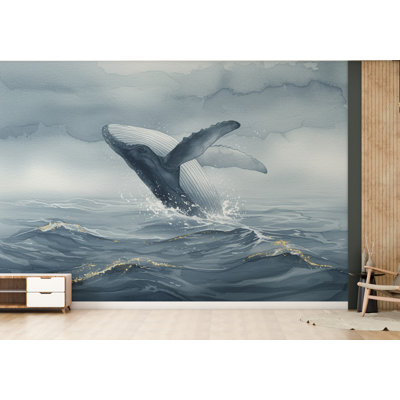 Murale de papier peint aquarelle baleine, art mural brumeux océan en bleu gris, décor côtier élégant avec des accents dorés, murale de mer à grande échelle (non tissée) 
